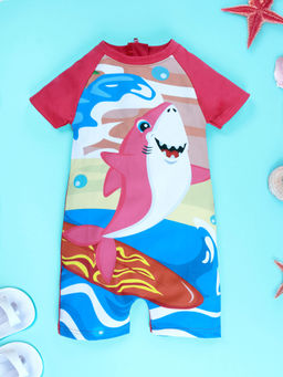 KiddoPanti - Girls Half Raglan Sleeves Knitted Dolphin Printed One Piece Swimsuit Pink