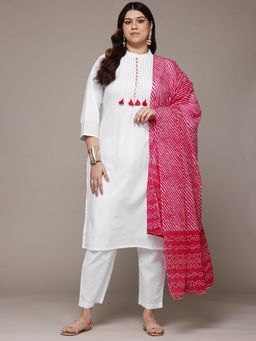 Readiprint - Cotton Fabric White Color Kurta with Bottom and Dupatta (Set of 3)