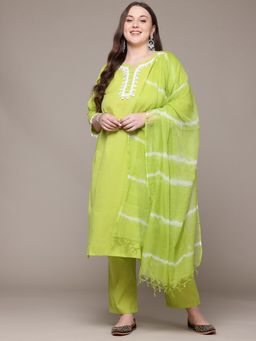 Readiprint - Cotton Fabric Lime Green Color Kurta with Bottom and Dupatta (Set of 3)