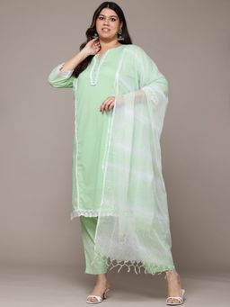 Readiprint - Cotton Fabric Green Color Kurta with Bottom and Dupatta (Set of 3)