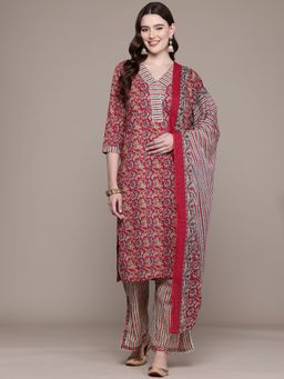 Readiprint - Cotton Fabric Red Color Kurta and Bottom with Dupatta (Set of 3)