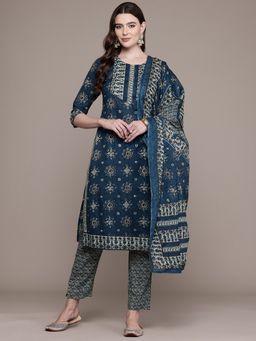 Readiprint - Cotton Fabric Navy Blue Color Kurta and Bottom with Dupatta (Set of 3)
