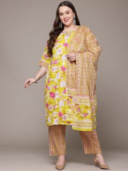 Readiprint - Cotton Fabric Yellow Color Kurta with Bottom and Dupatta (Set of 3)
