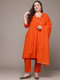Readiprint - A Line Cotton Fabric Orange Color Kurta with Bottom and Dupatta (Set of 3)
