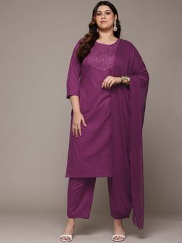 Readiprint - Cotton Fabric Purple Color Kurta with Bottom and Dupatta (Set of 3)