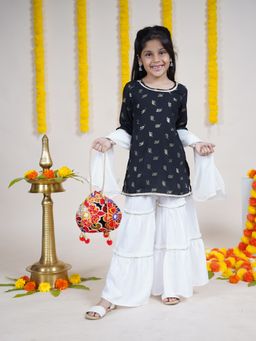 KiddoPanti - Girls Ethnic Kurta and Sharara with Dupatta and Potli (Set of 4)