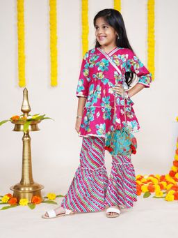 KiddoPanti - Girls Floral Kurta with Geometric Printed Sharara with Potli (Set of 3)