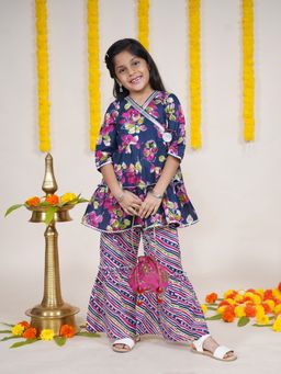 KiddoPanti - Girls Floral Kurta with Geometric Printed Sharara with Potli (Set of 3)