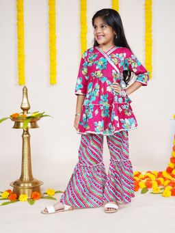 KiddoPanti - Girls Floral Printed Kurta with Geometric Printed Sharara (Set of 2)