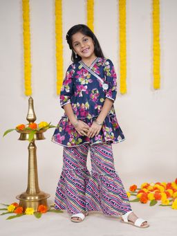 KiddoPanti - Girls Floral Printed Kurta with Geometric Printed Sharara (Set of 2)