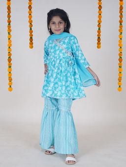 KiddoPanti - Girls Cotton Flower Printed Kurta with Sharara and Dupatta (Set of 3)