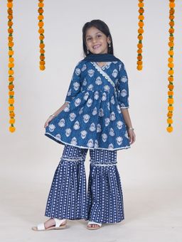 KiddoPanti - Girls Cotton Flower Printed Kurta with Sharara and Dupatta (Set of 3)
