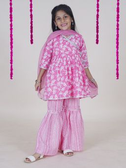 KiddoPanti - Girls Cotton Flower Printed Kurta with Sharara and Dupatta (Set of 3)