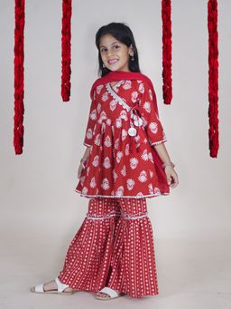 KiddoPanti - Girls Cotton Flower Printed Kurta with Sharara and Dupatta (Set of 3)