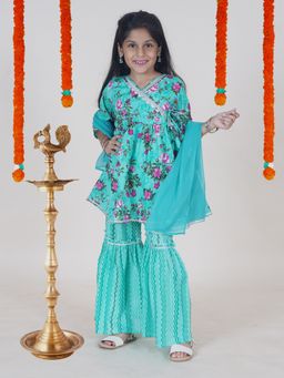 KiddoPanti - Girls Cotton Flower Printed Kurta with Sharara and Dupatta (Set of 3)