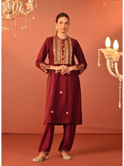 Lakshita - Wine Embroidered Rayon Co-Ord (Set of 2)