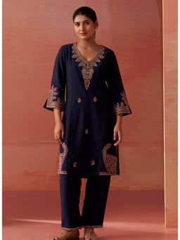 Lakshita - Navy Blue Embroidered Rayon Co-Ord (Set of 2)