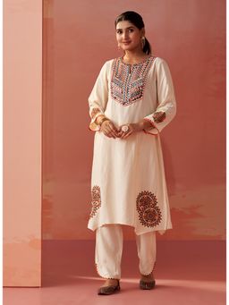 Lakshita - Cream Embroidered Khadi Cotton Co-Ord (Set of 2)