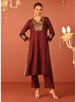 Lakshita - Wine Embroidered Chanderi Jacquard Co-Ord (Set of 2)