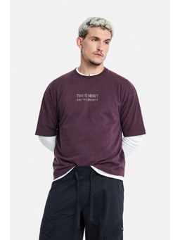 Snitch - Wine Typography Half Sleeves Oversized Casual T-Shirt for Men