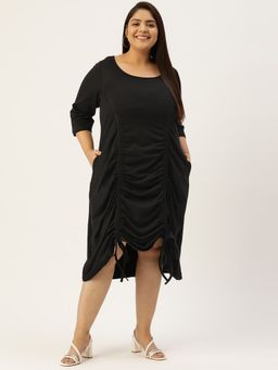 theRebelinme - Plus Size Women Black Solid Color Cotton Knitted Ruched A-Line Dress
