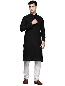 Manyavar - Black Silk Blend Traditional Jacquard Kurta Churidar (Set of 2)