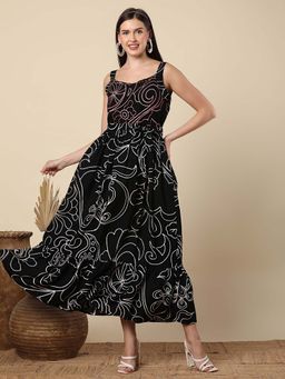 FASHOR - Women Black Printed Midi Dress with Belt (Set of 2)