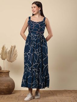 FASHOR - Women Teal Printed Maxi Dress with Belt (Set of 2)