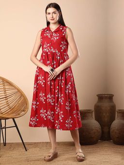 FASHOR - Women Red Floral Midi Dress