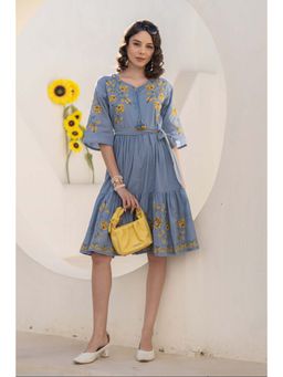 Autumnlane - Women Grey Floral Knee Length Dress with Belt (Set of 2)