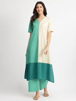 Pink Fort - Teal & Off White Linen Blend Colourblock A-Line Kurta with Pant (Set of 2)