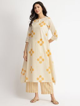 Pink Fort - Off White & Yellow Cotton Floral Asymmetrical Kurta with Pant (Set of 2)
