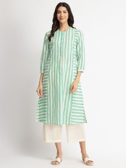 Pink Fort - Off White & Green Cotton Stripe Play Kurta with Pant (Set of 2)