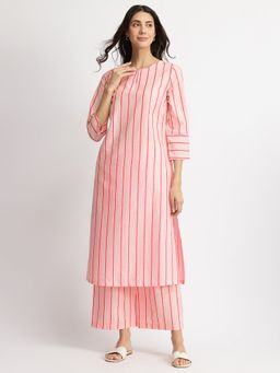 Pink Fort - Pink Cotton Striped A-Line Kurta with Pant (Set of 2)