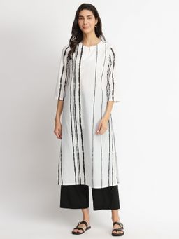 Pink Fort - White & Black Cotton Striped A-Line Kurta with Pant (Set of 2)