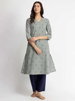 Pink Fort - Grey Cotton Tribal Print Kurta with Pant (Set of 2)