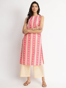 Pink Fort - Pink & Off White Cotton Floral Motif Kurta with Pant (Set of 2)