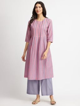 Pink Fort - Pink & Blue Cotton Striped Pintuck A-Line Kurta with Pant (Set of 2)