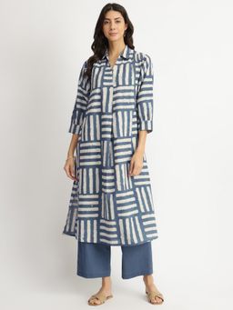 Pink Fort - Blue Cotton Dabu Stripe Play Kurta with Pant (Set of 2)