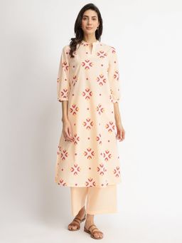 Pink Fort - Off White & Red Cotton Floral Motif Kurta with Pant (Set of 2)