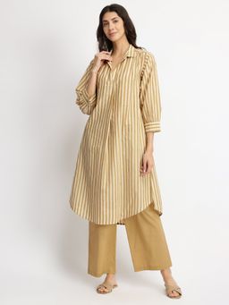 Pink Fort - Off White & Khaki Cotton Striped Shirt Collar Kurta with Pant (Set of 2)