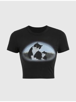 Cider - Cat Print Crop Shirt