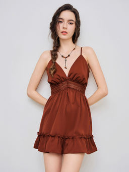 Cider - Solid Hollow Out Ruffle Mini Dress