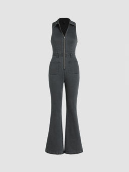 Cider - Denim Collar Flare Leg Jumpsuit