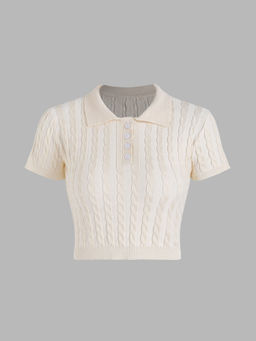 Cider - Solid Rib Knit Polo Crop Top