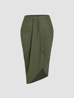 Cider - Rib Solid Ruched Slit Midi Skirt Curve & Plus