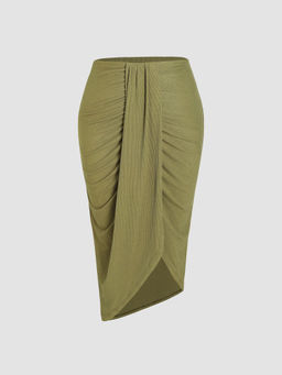 Cider - Rib Solid Ruched Slit Midi Skirt Curve & Plus