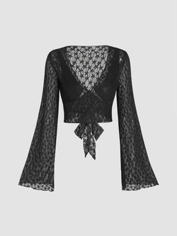 Cider - V-Neck Floral Tie Back Crop Blouse Top