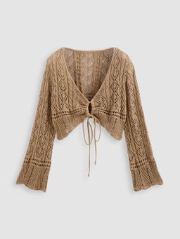 Cider - Solid Crochet Tie Front Deep V Neck Crop Top Curve & Plus