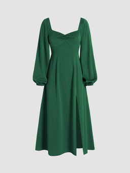 Cider - Solid Ruched Long Sleeve Split Midi Dress